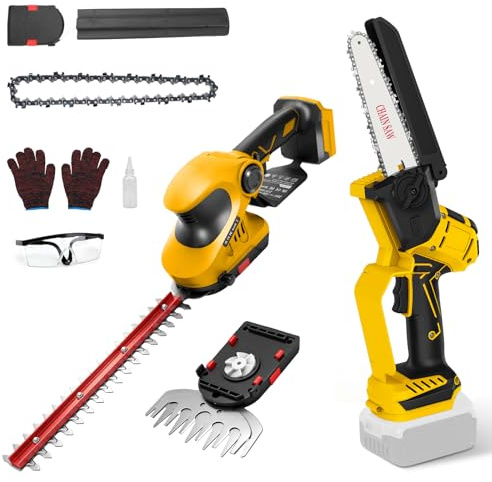 6 tums mini akku motorsåg & busktrimmer kompatibel med Dewalt 18V 20V (utan akku), borstlös elektrisk 2 I 1 batteri busktrimmer set säkerhetslås grensåg Såg grästrimmer