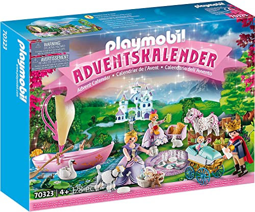 PLAYMOBIL Adventskalender 2021 - 70323 Königliches Picknick im Park mit zahlreichen Figuren, Tieren und Zubehörteilen hinter jedem Türchen sowie einem schwimmfähigen Boot, 128-teilig, Ab 4 Jahren