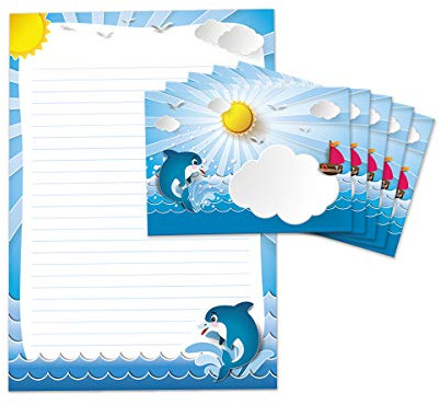 JuNa-Expe​​rten Briefblock + Umschlag für Kinder Delfin – A4 Briefpapier-Set, Mädchen und Jungen, 25 Liniertes Blätter + 15 Umschläge, Delfin-Design Briefbögen, Schreibprojekte