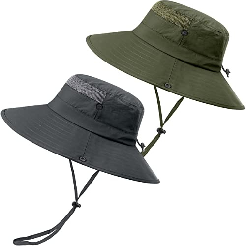 2 Stück Boonie Sonnenhut Herren Bucket Hat UV-Schutz Faltbar Wasserdicht Outdoor Sonnenschutz Hut Fischerhut Sommer Gartenhut Wanderhut Anglerhut Buschhut Unisex (Dunkelgrau & Armeegrün, 2 Stück)