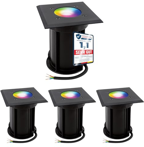 linovum BOQU Bodeneinbaustrahler 4er Set schwarz Smart GU10 WLAN RGBW IP67 | Vier befahrbare Bodenstrahler bis 500kg eckig - per App & Alexa steuerbar, RGB-Farblicht, für Garten, IP67, inkl. LED