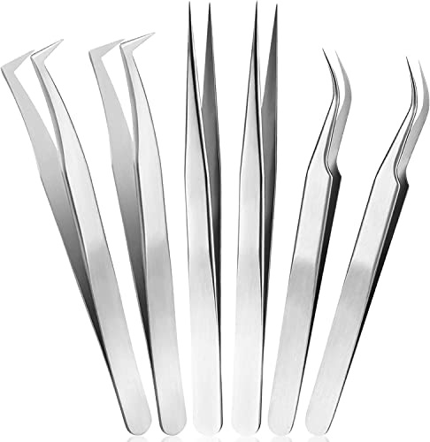 LATRAT 6 Stück Wimpernpinzette set Wimpernverlängerung Pinzette, Edelstahl Gerade Gebogene Spitze Pinzette Wimpern Zange für Wimpernverlängerung und Nageldesign (Silber)