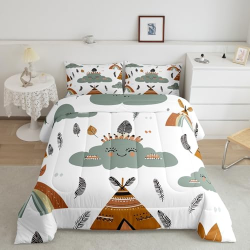Erosebridal Indian Tent Comforter Set Twin Rainbow Bedding Set for Kids Child Boys Girls,Ethnic Tribe Arrow Quilt Cute Clouds Toddler Duvet Insert,Bohemian Indian Tribal Tent Kawaii Room Decor