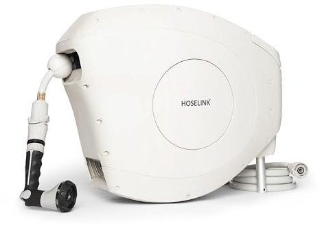 HOSELINK Avvolgitubo da giardino retrattile automatico beige, 15,2 m, ugello spray a 8 modelli, tubo anti-piega, soluzione di irrigazione completa da parete per cortile, giardino ed esterni