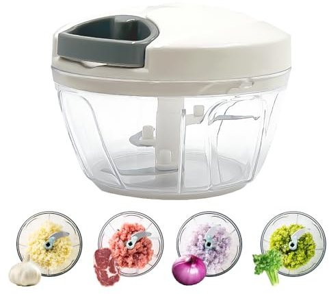 Home Goods Picadora Manual, Mini Picadora de Verduras Manual,Triturador de Tomates, Picadora Manual con Cuerda, Batidora Manual para Cortar Cebolla,Ajos,Zanahorias 420ml (Blanco 400ml)