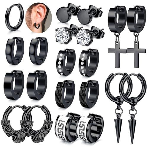 JeweBella Ohrringe Set - Herren & Damen: Silber-Schwarz, Edelstahl, Zirkonia, Kreuz, Baumelnde & Knorpel Ohrstecker