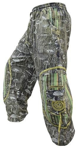 Gheri Mens Cotton Stone Washed Mushroom Print Chakra Embroidery Ali Baba Baggy Trousers Green LXL