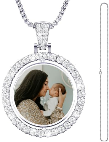 Getagift Personalised Photo Locket Pendant Necklaces For Men-Women, Rhinestone Trays Pendant, With Thick Chain, Silver Tone. (Round)