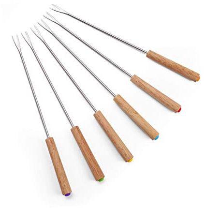 Mikikit 6piezas Tenedor De Barbacoa De Acero Inoxidable Mango De Madera Utensilios Para Asar Salchichas y Brochetas Para Camping y Bbq Jardín