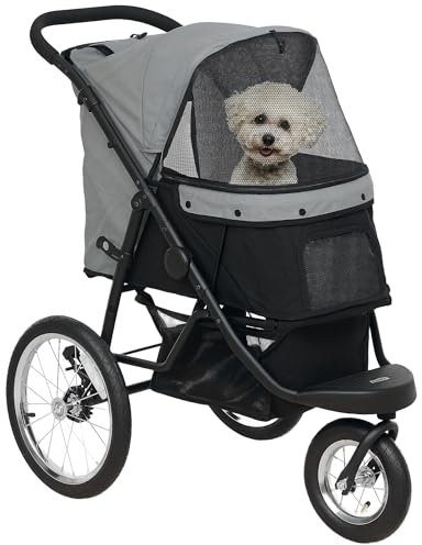 PawHut Hundewagen Jogger Hundebuggy klappbar für kleine Hunde & Katzen bis 10 kg Katzenbuggy mit 3 große Gummiräder, Kissen Netzfenstern Aufbewahrungskorb Katzenwagen mit Sicherheitsleinen, Grau