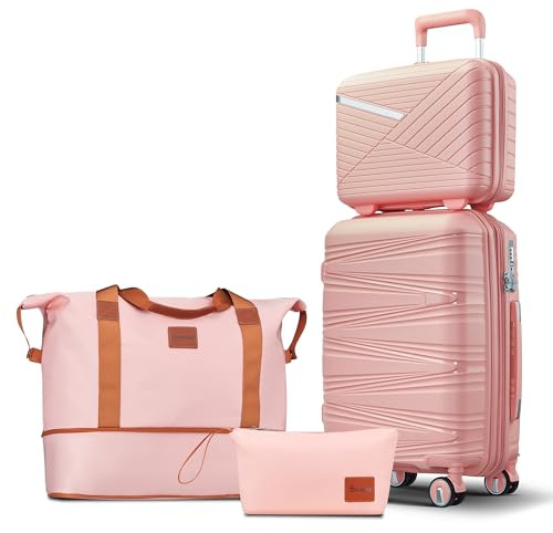 TRAVELEO 4 Piece Carry On Luggage Set 20 Inch, Expandable PP Hardshell Suitcase with Detachable Spinner Wheels & TSA Lock, Includes Cosmetic Case, Travel Tote & Toiletry Bag, Lightweight (Pink)