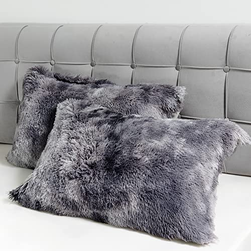 2er Set Kissenbezug 40 x 80 cm Flauschige Zierkissenbezüge Tie Dye Grau | Kopfkissenbezug 40 x 80, Oeko-TEX, Langhaar Kunstfell, Dekorative Kissenhülle, Zierkissen, SofaKissenbezug