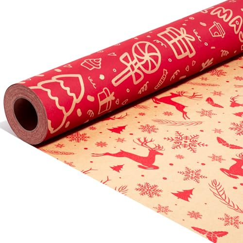 Christmas Wrapping Paper Roll Kraft Xmas Gift Wrap, Luxury Double-sided Traditional Reversible Vintage Christmas Papers for Party New Year, Winter Party Present Eve Decorations