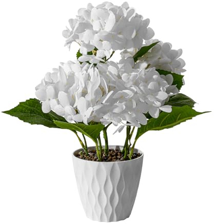 Wenhuidr Fiori di ortensia artificiali bianchi in vaso, grande composizione di ortensie in seta realistica al tatto con cinque teste, espositore per interni, casa, ufficio, centrotavola o decorazione