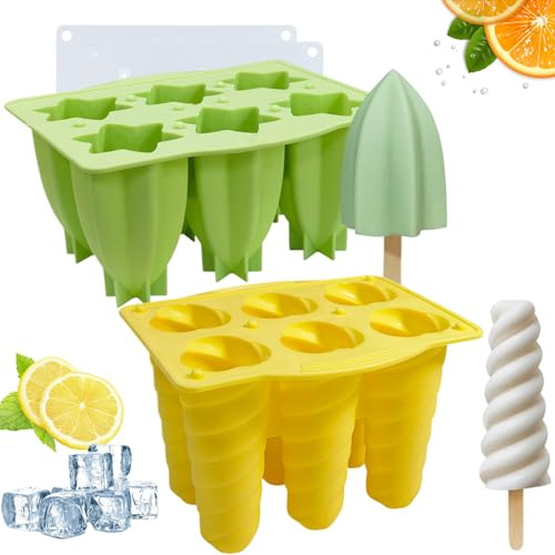 2Pcs Machine à Popsicles en Spirale et Carambola Moules à Glace Faits Maison avec Couvercle et Poignée Antidérapante 6 Grilles DIY Moules Popsicles en Silicone de Qualité Alimentaire Dégagement