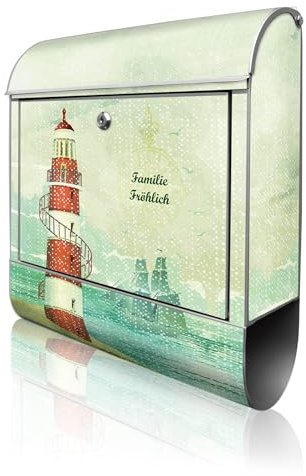 banjado Design Briefkasten personalisiert 38,5x46,5x13cm & 2 Schlüssel - Briefkasten Stahl Silber Zeitungsfach pulverbeschichtet - Postkasten A4 Einwurf inkl. Montagematerial - Motiv Alter Leuchtturm