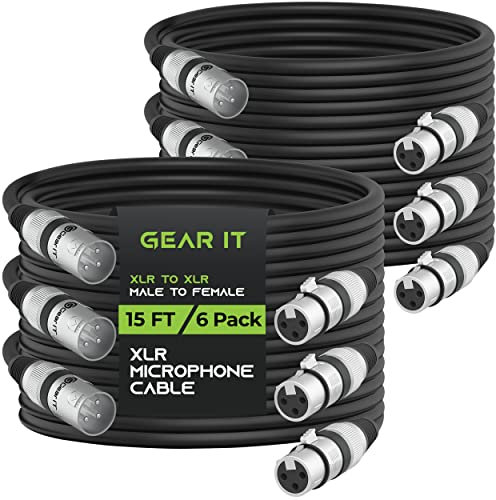 GearIT XLR Microphone Cable (15 Feet, 6-Pack) - XLR Male to Female, Balanced Shielded for Mic Mixer, Recording Studio, Podcast - Black, 15ft, 6 Pack