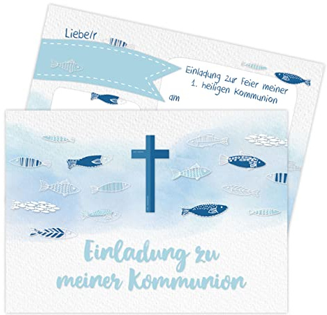 Papierdrachen 12 Einladungskarten zur Kommunion - Motiv Fische - Einladung zur Heiligen Kommunion für Mädchen und Jungen - hochwertig gedruckt in DIN A6 - Set 4