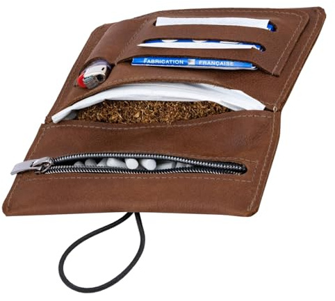 SIMARU Leder Tabaktasche für 30g Tabakbeutel, Dreher-Tasche aus Echtleder mit Filterfach & Blättchen-Halter (Braun)