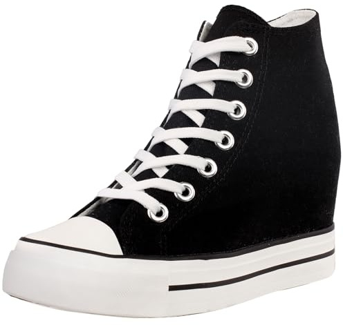 zpllsbratos Basket Toile Compensee Femme Lacets Sneakers Montante Chaussures Décontractées Tennis Simple Mode Confort (Noir,36)