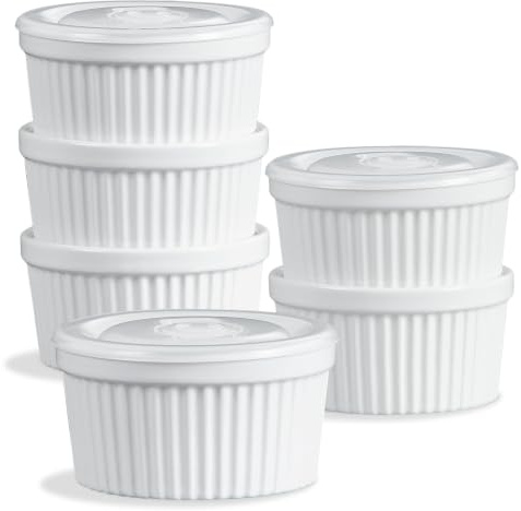 ONEMORE Lot de 6 ramequins empilables en céramique avec couvercles pour | Ramequins en céramique de 236,8 g avec couvercles en silicone, parfaits pour la crème brûlée, le soufflé, le pudding