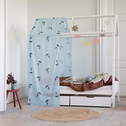 Hoppekids ECO Comfort Hausbett | 70x160 | Weiß mit Blauer Vorhang, Zwei schubladen und passender Kaltschaummatratze | FSC®-zertifiziertes massives Kiefernholz aus der EU | Entworfen in Dänemark