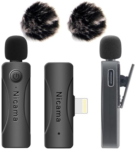 Nicama AS12 Micro Cravate sans Fil, Wireless Lavalier Microphone pour iPhone 6 7 8 9 10 11 12 13 14 iPad Enregistrement vidéo, Vlog, TikTok, Youtube (2TX+RX)