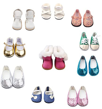 10 Paar 18 Zoll Puppenschuhe, BOSOIRSOU 7cm Stiefel Tanzschuhe Sandalen Freizeitschuhe Segeltuchschuhe Fit für 45cm American Girl Puppe Zubehör