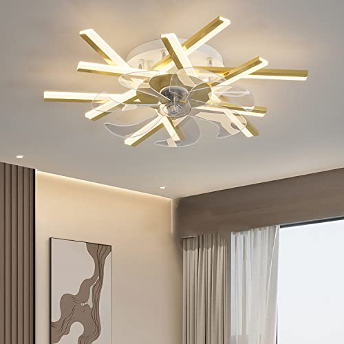 Quiet Ceiling Fan with Lighting Living Room LED Ceiling Fan with Fan Dimmable with Remote Control Fan Ceiling Light for Living Room Bedroom Kitchen Dining Room Ceiling Lamp (Gold, L62cm)