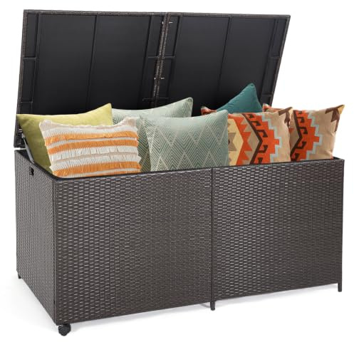 TANGZON 660L Garden Storage Box, Outdoor Rattan Deck Box with 2 Universal Wheels, Zippered Liner, Safety Pneumatic Rod & Handles, Outdoor Wicker Patio Deck Chest