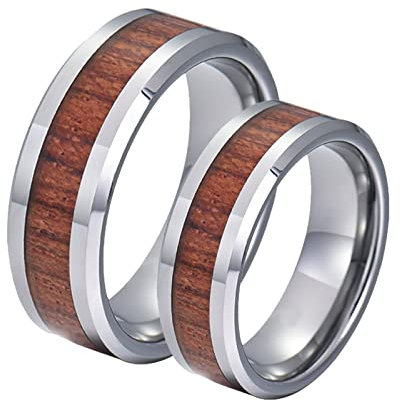 BCughia Anillos de promesa a juego, anillo para mujer de tungsteno de 8 mm, anillo de madera de plata con borde biselado, regalos de compromiso para marido, V 1/2 for women, T 1/2 for Men, tungsteno