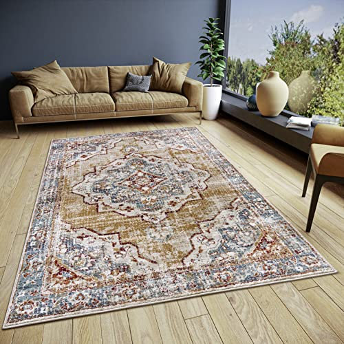 Hanse Home Strozzi Teppich Orientalisch– Orient Läufer klassisch dicht gewebt mit Ornamenten Vintage-Look Weicher Kurzflor für Schlafzimmer, Esszimmer, Wohnzimmer – Beige Blau, 80x120cm