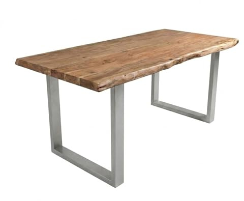 SAM Esstisch Cali 200x100 cm Akazie Natur Baumkante U-Gestell Silber | Baumkantentisch massiv, Akazienholz naturfarben, 50 mm Tischplatte, Esszimmertisch, Industrial-Design