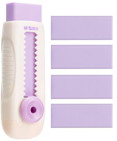 M&G 4+1 Pack Rubber Erasers Sliding Retractable Eraser, Soft Cute Erasers Push Pull Large Pencil Eraser with Plastic Sleeve 4 Refill Eraser for Students Kids, School Office Home Supplies (Purple)