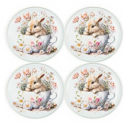 Bunny Rabbit Coaster Set - Round Glass Teacup Floral Bunny Design Gift - Set of Four (4) Drinks Coasters