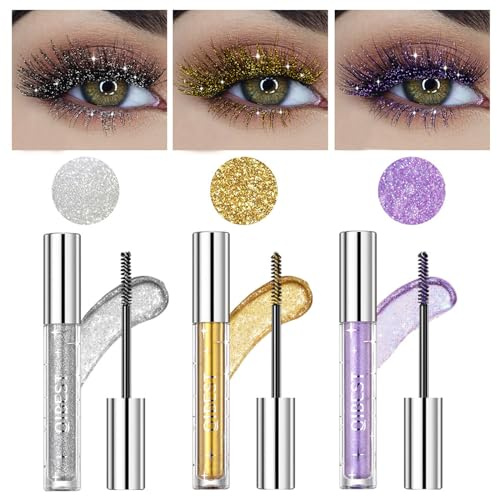 Gireatick 3pcs Glitter Mascara Set für Wimpern, Funkelnde Silber/Gold/Lila Glitter Farbige Mascara für Wimpern, Glänzende Diamant Mascara Verdickung Verlängerung für sehr Funkelnde Augen Make-up