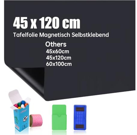 Tafelfolie Magnetisch Selbstklebend, 45x120cm Kreidetafel Magnetisch, Magnettafel Selbstklebend DIY, Inklusive staubfreier Kreide und Schwamm, Wandfolie für glatten Oberflächen in Schule Büro Haus