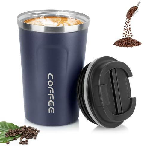 hzbaiyi Coffee Cup, 380ml Vacuum Insulated Travel Mug, Leakproof Double Wall Stainless Steel Reusable Coffee Cup with Lid for Hot & Cold Drinks (Dark Blue)