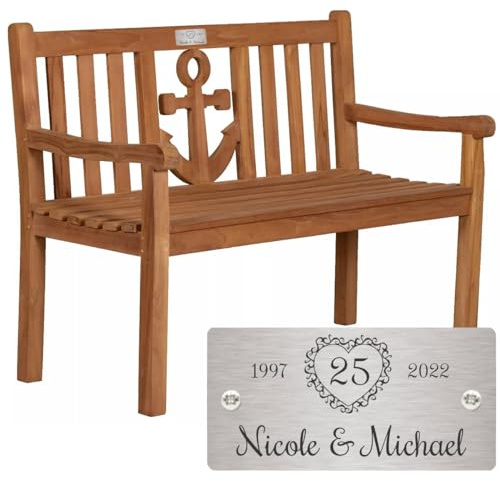 Sterngraf Bank zur silbernen Hochzeit mit Gravur-Schild zB Herz mit Zahl (Namen), Gartenbank Anker 120cm Teakholz, Edelstahlschild personalisiert Geschenk-Idee 25. Hochzeitstag