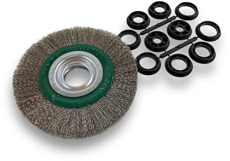 Kibros Brosse circ. touret INOX fil souple Ø 150 mm 3 rangs | Fil souple 0.20 mm ondulé, alésage 32 mm + réducteur bague 25/22/20/16/12 mm, meuleuse ponceuse affûteuse, décapage brossage.