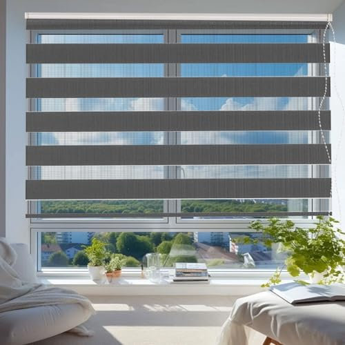 Verdunklungsrollo Klemmfix 35 x 240 cm Hitzeschutz Energiesparend Fensterrollo Zebrarollo Seitenzugrollo Einfache Installation für Wohnzimmer Küche Büro, Dunkelgrau