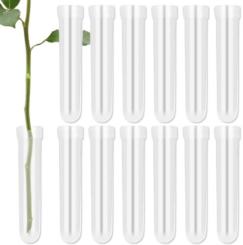 MAEXUS Wasserröhrchen für Blumen, 12er Blumenröhrchen Reagenzgläser für Blumen, Reagenzgläser Kunststoff Mit Kappen, Transparente Orchideenröhrchen für Cafés Büros