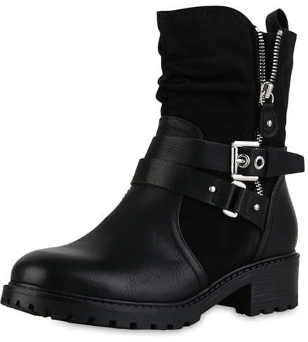 VAN HILL Damen Biker Boots Blockabsatz Schnallen Trendy Schuhe 216382 Schwarz 38