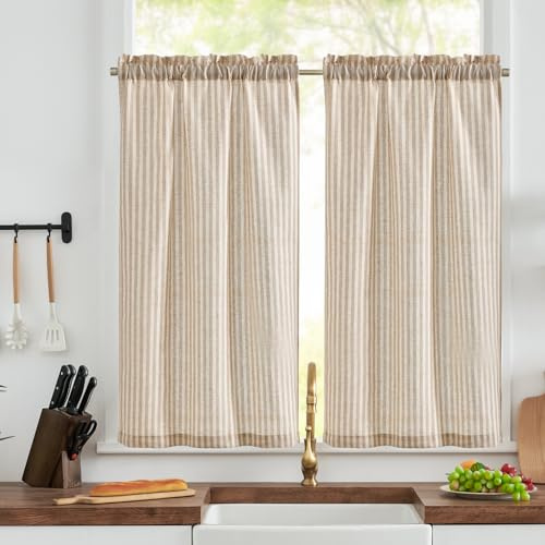 TOPICK 2er Set H 115 x B 65 (cm) Gestreifte Scheibengardinen modern Leinen Gardinen mit Streifen Küchenvorhang Blickdicht Kurz Küchengardinen für Küchen lichtdurchlässig Klein Fenster Braun auf Beige