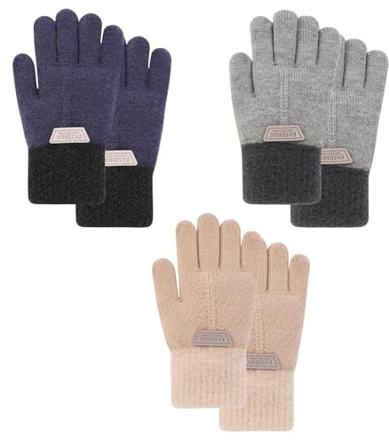 QKURT 3 Pares de Guantes de Punto para Niños, Guantes de Invierno Infantiles Cálidos, Guantes de Dedos Completos para Niños, Guantes Elásticos Mágicos para niños y niñas de 3 a 8 años