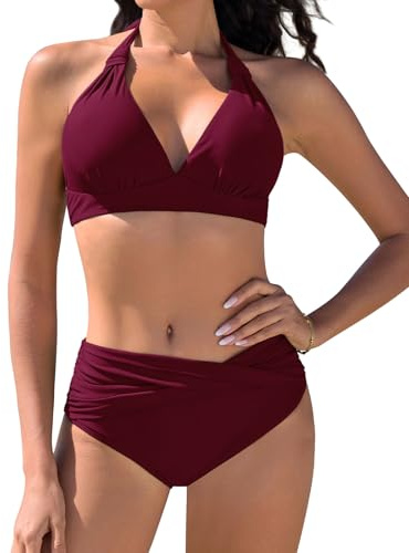 Vijamiy Maillot de Bain Femme 2 Pieces Bikini Set Haut Sexy Swimwear Tankinis Bretelles Suspendues au Cou(Rouge vin,M)