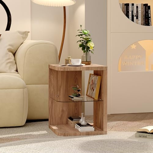 AOYA Wood Side Table Coffee Table with Storage, End Sofa Table with Glass Lower Shelf for Living Room/Bedroom
