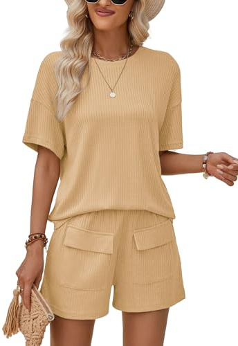 Rayson Completo Donna Estivo 2 Pezzi Casual Set Pantaloncini con Tasche e Maniche Corte Elegante Girocollo Abbigliamento Sportivo(Kaki,M)