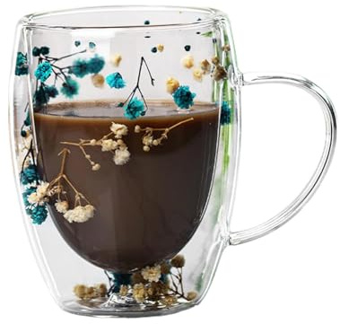 Doppelwandige Glas Kaffeetassen Mit Getrockneten Blumen, 350ml Blumen Doppelschicht Glasbecher, Doppelwandige Gläser, Trockenblumen-Doppelglas, Isolierte Kaffeetasse Für Kalte Und Heiße Getränke