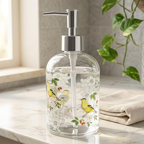 DUSVALLY 500ml Glass Soap Dispenser with Pump, Yellow Bird Floral Design | Refillable hand wash and lotion bottle for bathroom or kitchen; bird soap pump suitable for liquid soap and washing up liquid